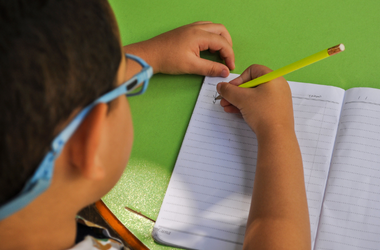 Learning (380 x 250 px) Young boy writing in a composition notebook on a green table